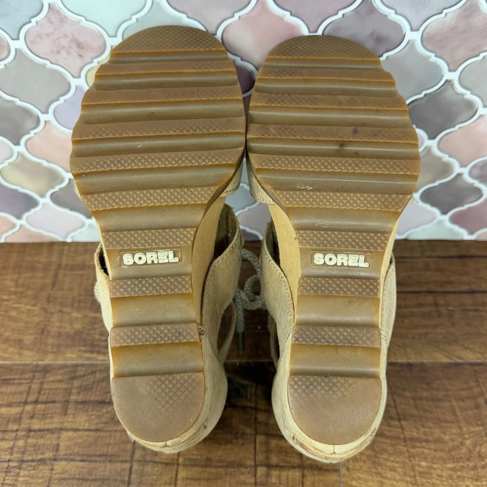 SOREL Joanie Lace Sandal Tan Suede Wedge Heel Open Toe 6